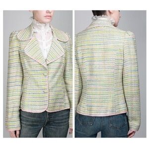 INGWA MELERO Vintage Tweed Fitted Round Collar Button Front Multicolor Blazer 10